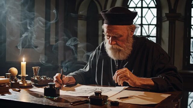 Scribe writing manuscript by candle. Elder focuses on calligraphy and ink at desk. Beard frames concentrated face. Historical atmosphere with smoke and warm light. Quiet traditional craft study