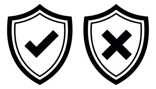 Modern line art shield icons set featuring a checkmark and a cross mark for approval and denial