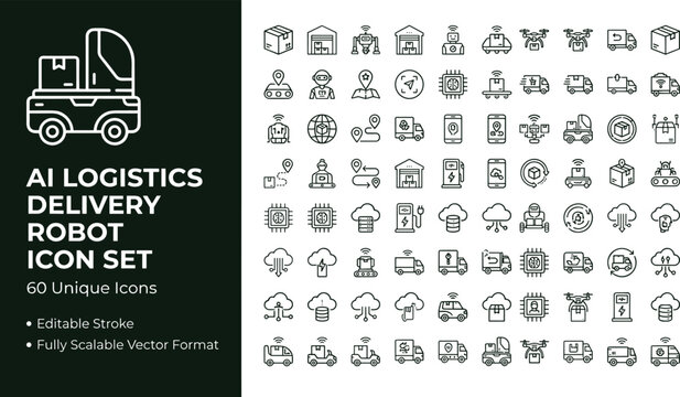 AI logistics delivery robot line icon set with autonomous shipping vehicles smart transport and warehouse automation symbols
