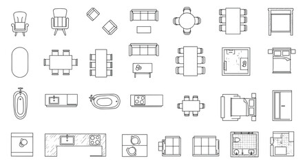 Obraz premium Collection of various furniture and architectural blueprint technical drawings, Generative AI.