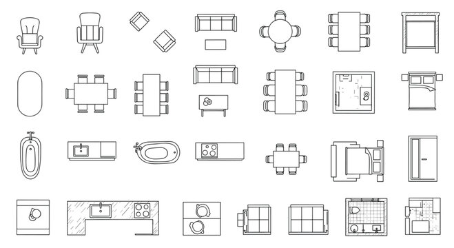 Collection of various furniture and architectural blueprint technical drawings, Generative AI.
