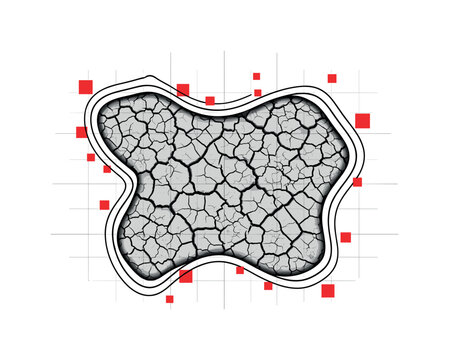 Close-up monochrome cracked soil texture forming central abstract shape, surrounded by small red square accents and thin grid lines referencing data on