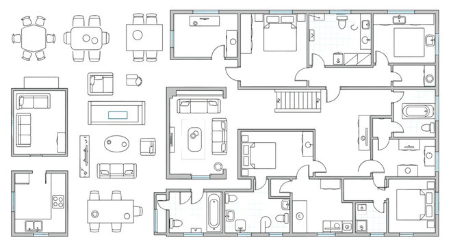 Detailed architectural floor plan with various rooms and spaces for design and construction purposes, Generative AI.
