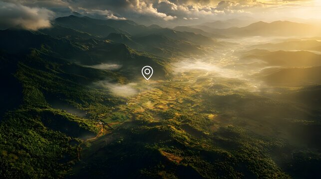 Aerial Landscape With Location Pin Over Mountain Valley at Sunrise, Navigation Technology, GPS Mapping, Travel Destination Discovery, Geographic Exploration and Scenic Nature View
