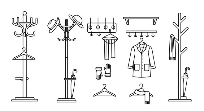 Collection of various coat racks and hangers in a line, Generative AI.