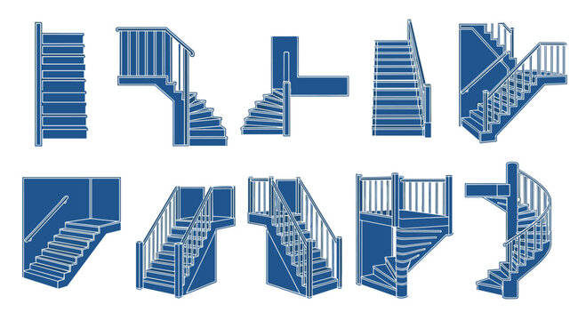 Collection of various blue and white staircases in different designs and angles on a pure, Generative AI.