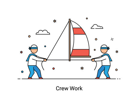 Sailor teamwork onboard theme with two simplified figures pulling a rope attached to a sail, symbolizing cooperation and shared effort. The short caption Crew