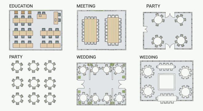 Collection of various event and wedding floor plan designs and layouts for party and meeting spaces, Generative AI.
