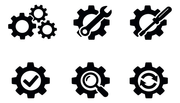 Solid gear icons set featuring various tools and symbols for system settings and maintenance