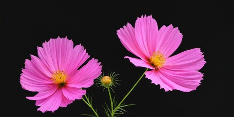Fototapeta premium Pink cosmos flowers bloom against dark background. Delicate petals radiate from yellow centers, creating vibrant contrast.