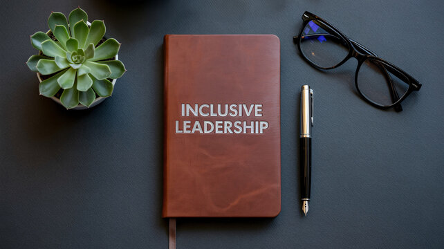 Leather journal flat lay text "INCLUSIVE LEADERSHIP" embossed cover with succulent fountain pen glasses dark desk
