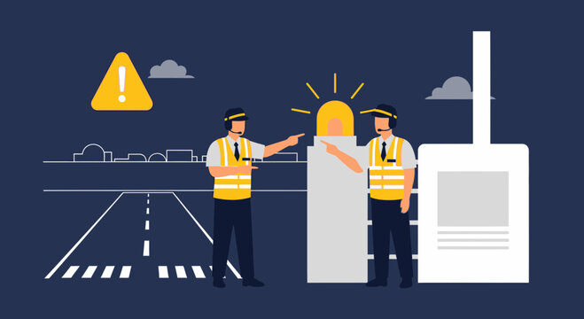 Airport ground crew signaling, safety warning, air traffic control, aviation operations