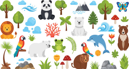Fototapeta premium Cute Wildlife Animals and Nature Elements Collection Including Lion Panda Bear Dolphin Frog Parrot and Trees in Cartoon Vector Illustration Style.