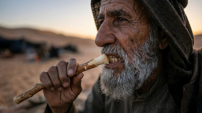 Elderly Bedouin man in the desert using a traditional miswak twig to clean his teeth during sunset showcasing ancient oral hygiene practices