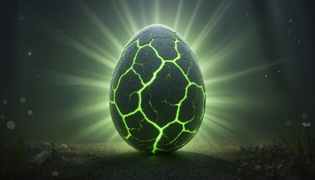 easter egg. alien egg with green glowing cracks and light rays.
