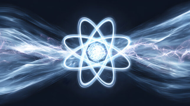 Atomic structure with glowing energy waves, quantum physics concept, nuclear science, energy field, and futuristic technology background