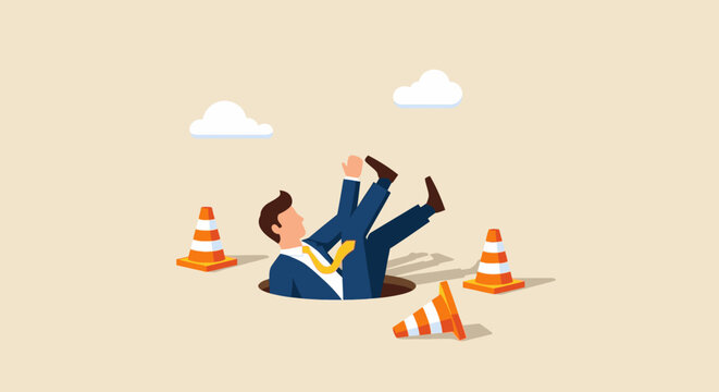 Businessman Falling into a Hole with Traffic Cones Vector