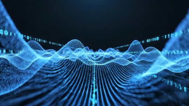 Abstract digital wave form with binary code flowing through