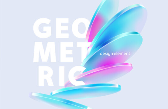 Transparent and glass geometric shape. Abstract composition of 3D circles and disks in liquid glass style. Vector design elements.