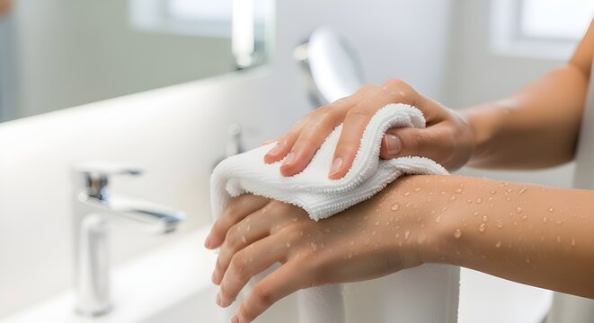 Woman drying hands with a clean white towel in a modern bathroom
