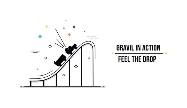 Gravity in action roller coaster descent scene with a minimal cart silhouette moving down a steep curved track, expressing acceleration and thrilling motion