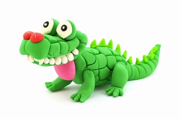 Fototapeta premium Cute green play dough crocodile with red forehead and pink tongue on white background