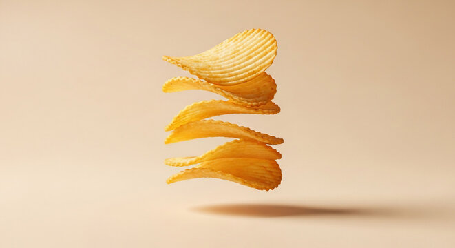 Golden potato chip in motion spinning.
