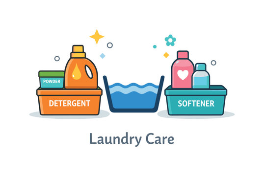 Laundry room organization dedicated storage box for detergents and softeners arranged around a washing symbol creating a clear visual cue for product