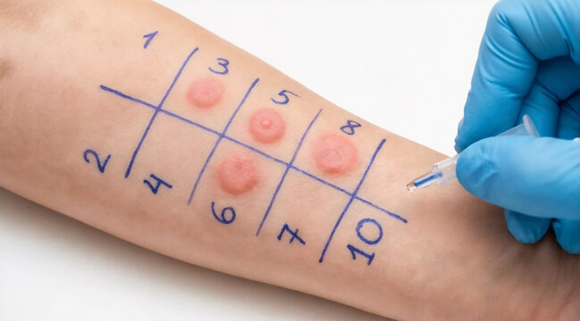 Close-up of doctor in blue gloves performing allergy skin prick test on patient arm showing positive reaction hives for medical diagnostic healthcare banner