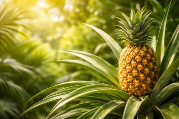 Fototapeta premium A pineapple stands tall among long green leaves in a garden. Bright sunlight shines down, creating a warm atmosphere in a tropical setting