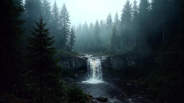 Waterfall cascading over dark rocks in a misty pine forest, serene wilderness landscape