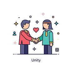 Fototapeta premium Friendships between different cultures symbolized by two simplified human figures in distinct traditional color accents shaking hands beneath a small heart and