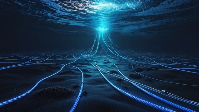 Glowing submarine cables across deep ocean floor as global internet infrastructure and worldwide connectivity concept on dark underwater background