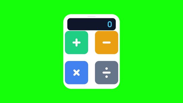 Animated Calculator with Buttons and Display on a Green Screen Background.