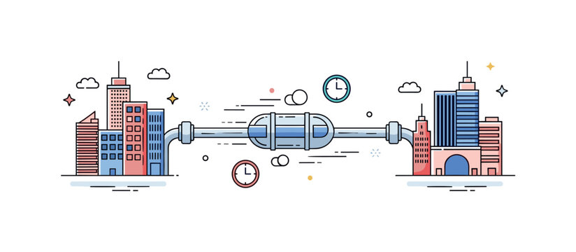 Intercity hyperloop connection showing two minimal city icons linked by a straight tube and a fast moving capsule in the center symbolizing reduced travel time