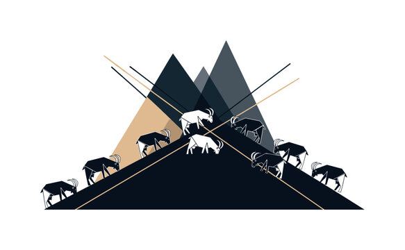 Black and white herd of goats grazing along a slope, stylized geometric mountain arcs intersecting the composition, thin diagonal lines suggesting terrain