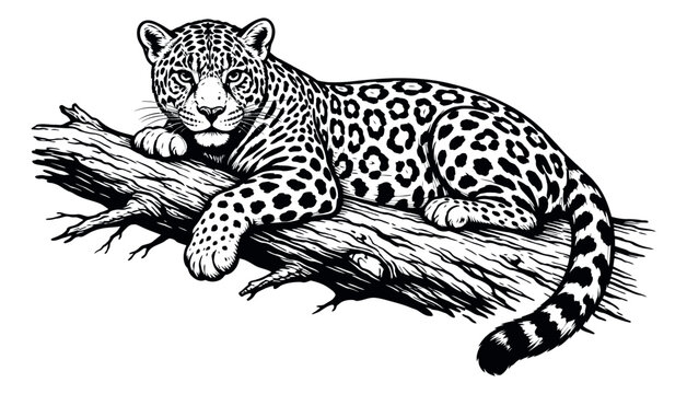 Line art illustration of a jaguar depicting it lying on a tree branch for wildlife designs