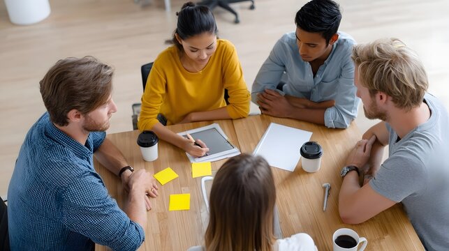 Overhead view of a diverse team brainstorming ideas at a wooden table in a modern office setting