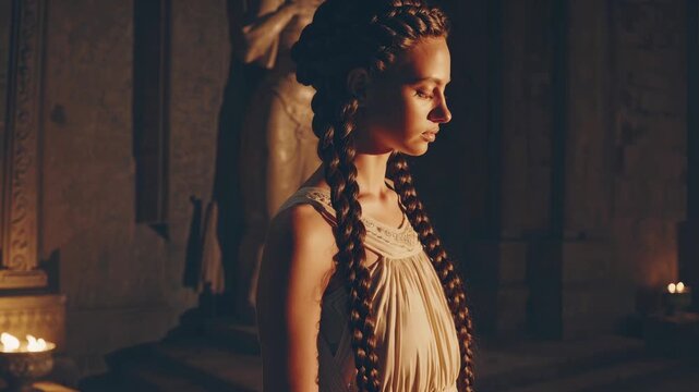 Woman standing in ancient interior. Model portrait shows profile with long braid and flowing gown. Statue and flame provide warm ambient light. Composition evokes timeless elegance and ritual. Mood.