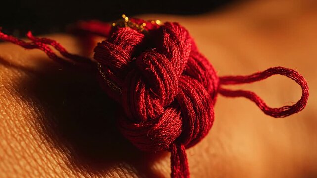 Close up Macro shot of a hand wearing a vibrant red Chinese lucky knot bracelet with intricate braiding and golden accents bathed in warm dramatic sunlight with shallow depth of field highlighting