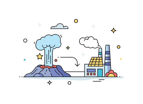 Hot spring power utilization centered on a stylized natural geyser connected to a small plant structure, symbolizing transformation of natural