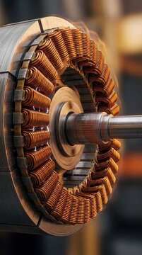 Detailed Close Up of Electric Motor Copper Windings and Shaft