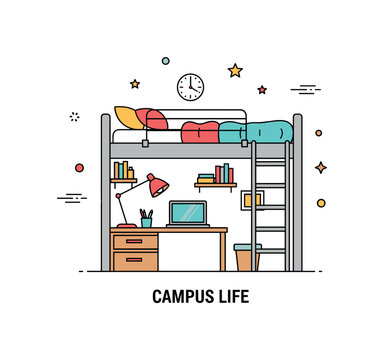 Modern dorm setup centered on a lofted bed with a small desk underneath and a neatly placed laptop. A compact ?Campus Life? text detail highlights efficient