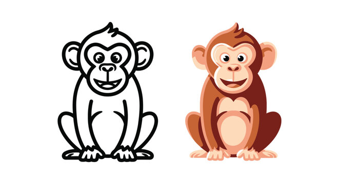 Happy cartoon monkey vector illustration showcasing line art and colorful flat design versions