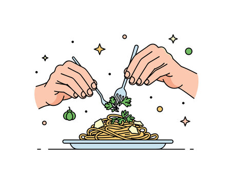 Person garnishing a pasta dish with fresh herbs and cheese, using precise plating techniques, illustrating finesse, home dining elegance, and attention to