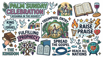 Fototapeta premium Palm Sunday Celebration, Triumphal Entry, Hosanna, Gospel Illustration