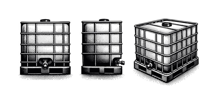 IBC industrial container tank shown in three views: front view, side profile, and angled perspective emphasizing the cube-shaped tank within a metal cage and