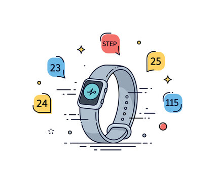 Fitness tracking ring represented by a streamlined band surrounded by step counter icons and gentle motion lines indicating activity. The compact composition