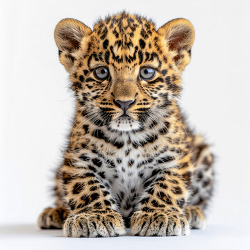 Leopard cub (Panthera pardus) in studio setting, situated against a white background. 