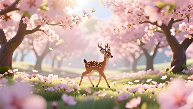 Elegant deer walking through a sunlit peach forest